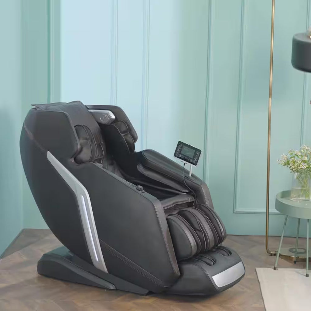 4D Deluxe Gray and Black Zero Gravity and Space Saving Faux Leather Heated Massage Chair with Sl-Track and Bluetooth