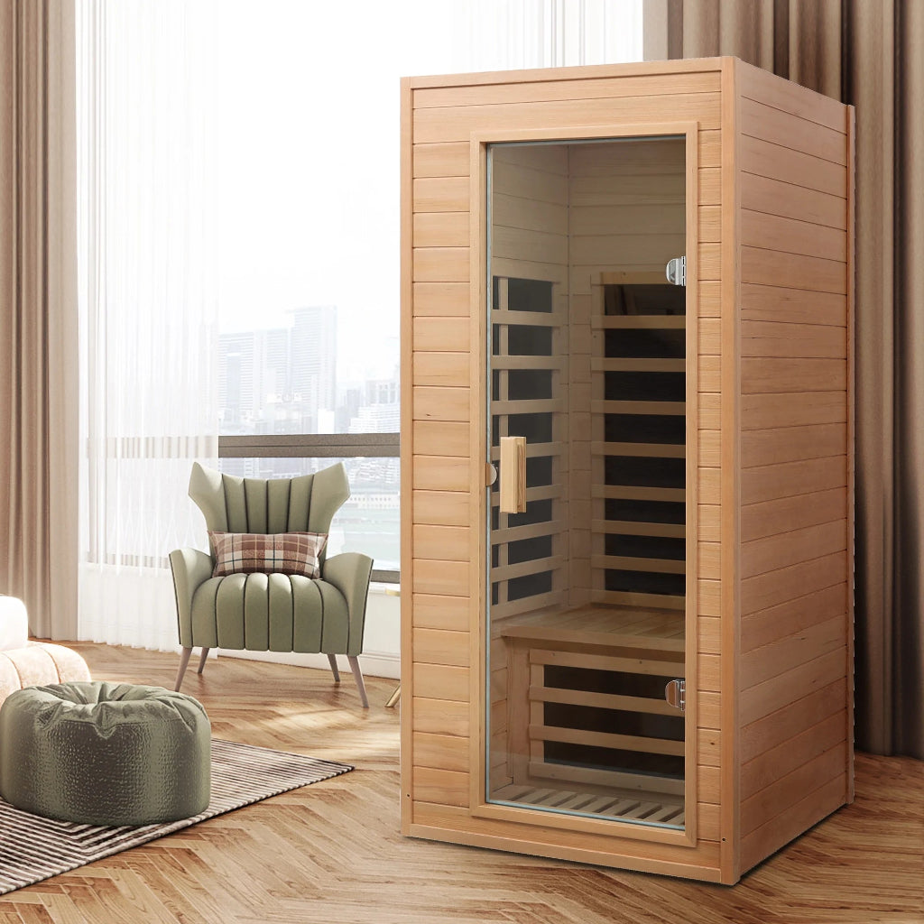 1290W Hemlock 1 Person Sauna Indoor Spa Room , FAR Infrared Sauna with Touch Intelligent Panel, Bluetooth LED Reading Light,Temperature Protection for Home Gym